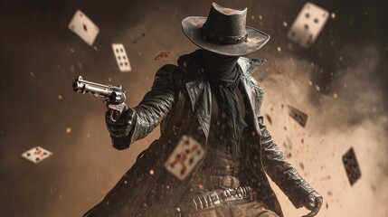 Masked Cowboy Holding Revolver in Dramatic Scene