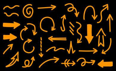 Hand-drawn orange arrows set on black background. Doodle style arrows in various directions, curves, spirals, and shapes. Perfect for design elements, presentations, or infographics.