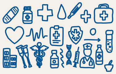 Fototapeta premium Blue hand-drawn medical and healthcare icons. Includes pills, bandage, heart, stethoscope, thermometer, syringe, DNA, doctor, first aid kit, test tube, and hospital symbols. Perfect for medicine,