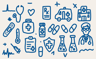 Blue hand-drawn medical and healthcare icons on white background. Includes stethoscope, heart, ambulance, hospital, pills, thermometer, syringe, clipboard, shield, and test tubes. Perfect for medicine
