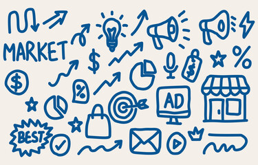Hand-drawn marketing and advertising doodle icon set. Includes elements such as megaphone, light bulb, graph, dollar sign, percentage, shopping bag, pie chart, and storefront. Perfect for digital mark