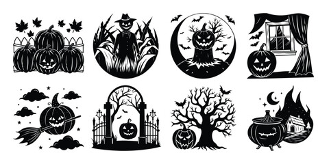 Pumpkins in Spooky Halloween Scenes Silhouette Vector Illustration Set.