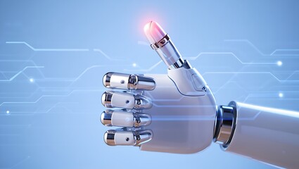 Fototapeta premium Sleek White and Chrome Robotic Hand Displaying a Thumbs-Up Gesture Against a Blue Circuit Background
