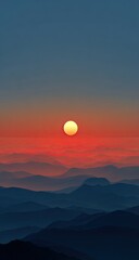 Obraz premium Sunrise over a hazy mountain range. A vibrant sunrise paints the sky with orange and red hues, while a pale yellow sun rests above a series of misty mountain ranges