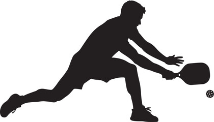 Dynamic silhouette of a male athlete playing pickleball, lunging for a low shot