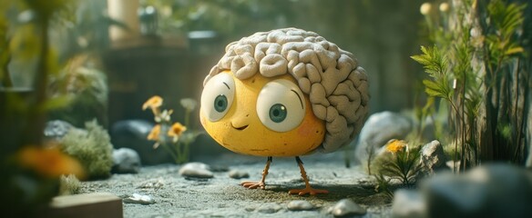 A charming animated character featuring a brain and large eyes explores a whimsical nature setting filled with vibrant plants and rocks, evoking imagination and creativity.