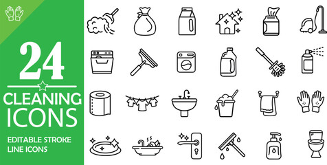 House Cleaning icon set. Housekeeping related line icons: washing, vacuum cleaner, detergent, cleaning tools, equipment, household appliances and more. Editable stroke. 
