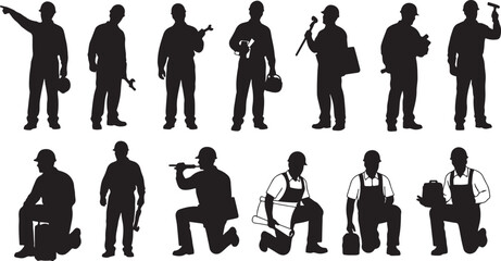 Construction workers pointing holding tools and blueprints, construction workers, silhouettes, pointing, tools, blueprints, hard hats, work, industrial, manual labor, male, standing, kneeling, carryin