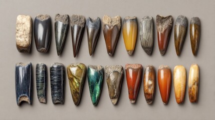 Various Dinosaur Teeth Fossils Arranged on a Neutral Background