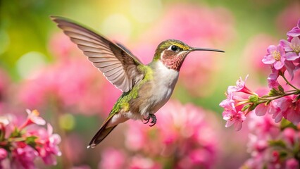Fototapeta premium A ruby-throated hummingbird with vibrant green feathers hovers near a red flower