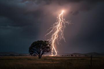 The electrifying moment of a lightning strike hitting a tree, showcasing nature's raw power and beauty.
