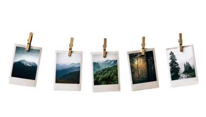 Five vintage-style photos of landscapes, attached to clothesline with wooden clothespins