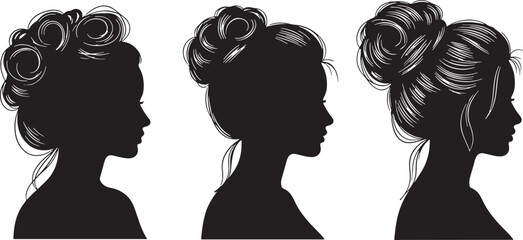 Elegant woman profile silhouettes with curled hairstyles, silhouette, woman, profile, elegant, hairstyle, curls, black and white, vintage, fashion, beauty, portrait, graphic, illustration, design, fem