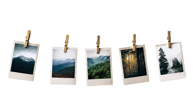 Five vintage-style photos of landscapes, attached to clothesline with wooden clothespins