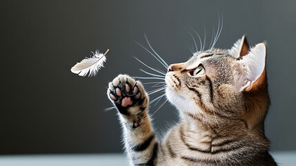 Playful Cat Interacting with Feather in Soft Light Background