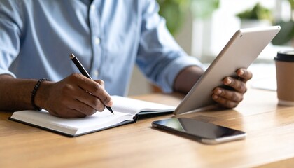 Student hand writing in notebook beside open tablet