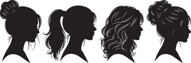 Four female profiles with varied hairstyles silhouette, silhouette, female, profile, hairstyles, bun, ponytail, wavy hair, curly hair, black and white, graphic, illustration, portrait, women, beauty, 