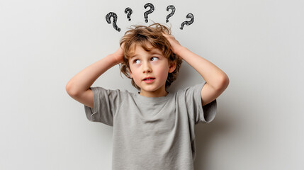 Boy in a T-shirt holding his head with question marks floating above it. Against an bright background. Copy space.