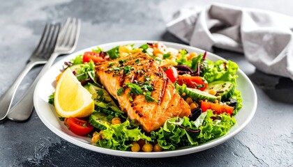 Grilled Salmon with Chickpea and Vegetable Salad
