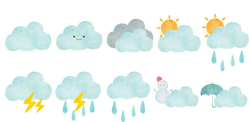 水彩風の天気アイコンセットイラスト