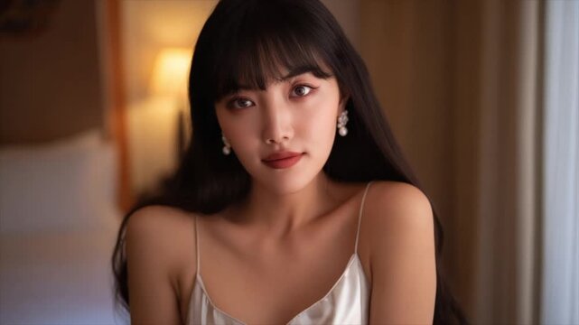 Beautiful Korean women with a very feminine figure, in a luxury hotel room setting