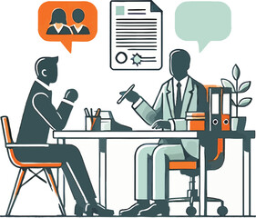 Two people in business attire meeting at a desk with documents