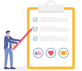 Flat illustration of blogger writing content creation checklist on laptop computer screen with calendar social media promotion strategy planning

