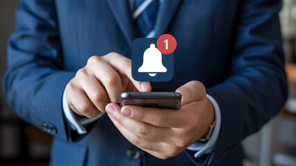 Businessman checking notification on smartphone, online news alert concept