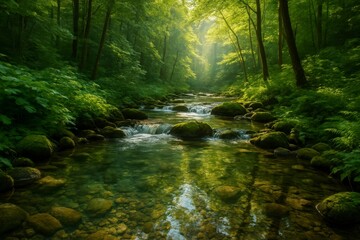 Fototapeta premium A serene river flows through a lush green forest with sunlight shining