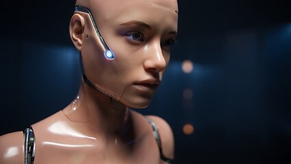 Close-up profile of a human-like robot head with translucent skin and a glowing blue light near the ear.