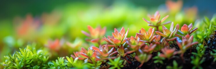 Explore the beauty of nature with this close-up image of lush green moss, featuring delicate red-edged leaves. A perfect depiction of tranquility and growth.