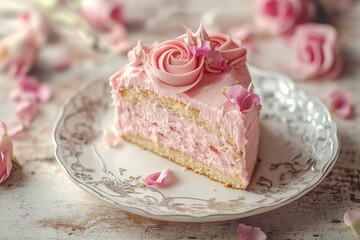 Pink rose-decorated cake slice on a vintage plate.