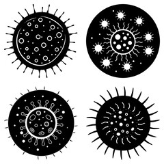 Fototapeta premium Four black and white stylized virus illustrations with spiky projections and internal details shown clearly