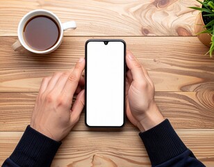 Smartphone and hands on a wooden table, clean and minimal style, no face