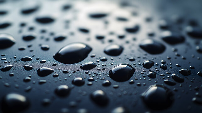 water droplets on a surface, each droplet reflecting soft ambient light