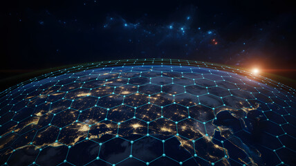 Global network connecting cities with data streams, vibrant future technology concept