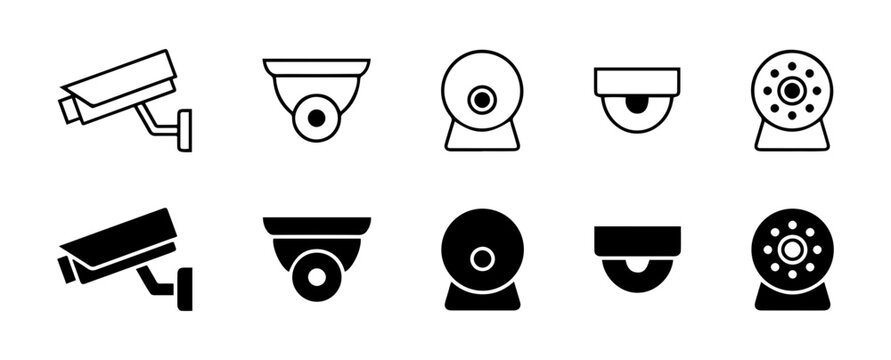 Vector  collection of security camera icons in black and white outline on transparent background