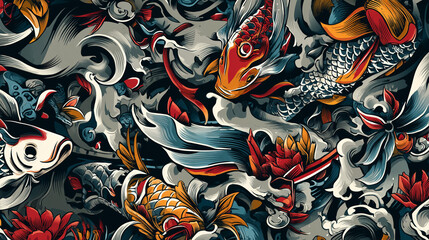 Japanese traditional tattoo style illustration of koi fish and lotus flowers　鯉が波や蓮の花と共に描かれた、日本の伝統的な刺青（タトゥー）風のイラスト