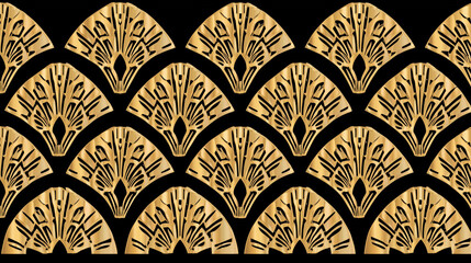 Golden art deco fan pattern on a black background　金色と黒の幾何学的な扇子模様のパターン背景