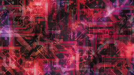 Abstract cyberpunk background with digital circuit board and glitch effects　　赤と黒を基調とした、複雑な回路基板の抽象的な背景