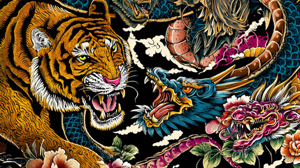Japanese traditional tattoo style illustration of a tiger and a dragon　龍と虎の和柄入れ墨風イラスト