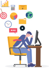 Frustrated businessman running away from flying social and work information, illustration information overload.
