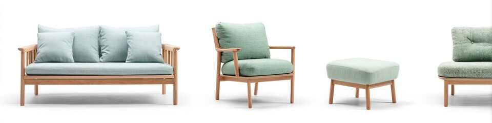 Obraz premium Light wood furniture set with sage green cushions