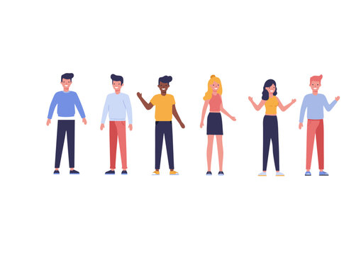 A diverse group of young cartoon characters standing together. A set of multicultural men and women in casual attire isolated on a white background.