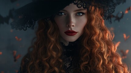 Fototapeta premium beautiful young witch with long curly red hair, wearing black witch hat, red lipstick, mysterious expression, bats flying in dark foggy background