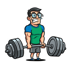 A nerdy man with glasses strains with effort, struggling to lift a very heavy barbell during an intense workout