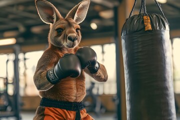 kangaroo dressed as a boxer punching a heavy bag in a gym, muscular form and action pose