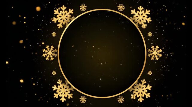 Elegant golden snowflake frame animation with glitter particles on black background, perfect for Christmas, New Year, greeting cards, or holiday invitations.