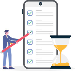 Flat illustration of businessman check deadline checklist with alarm clock and hourglass to do list time management effective business planning
