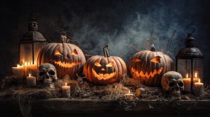 carved glowing Halloween pumpkins on an old rustic wooden table, surrounded by skulls, hay, candles, and lanterns, dramatic dark smoky background